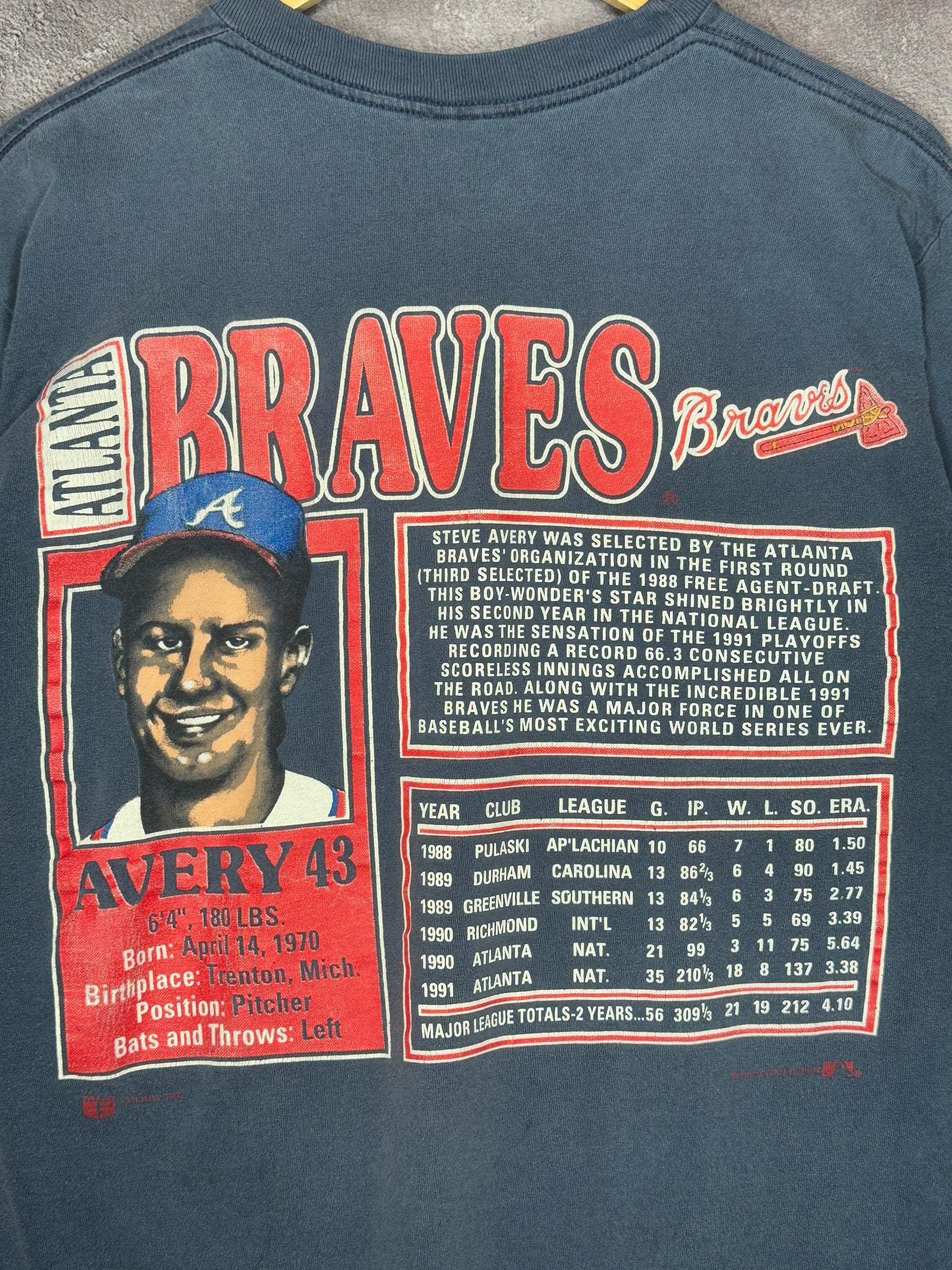 1992 Steve Avery Atlanta Braves Nutmeg Stats Tee L