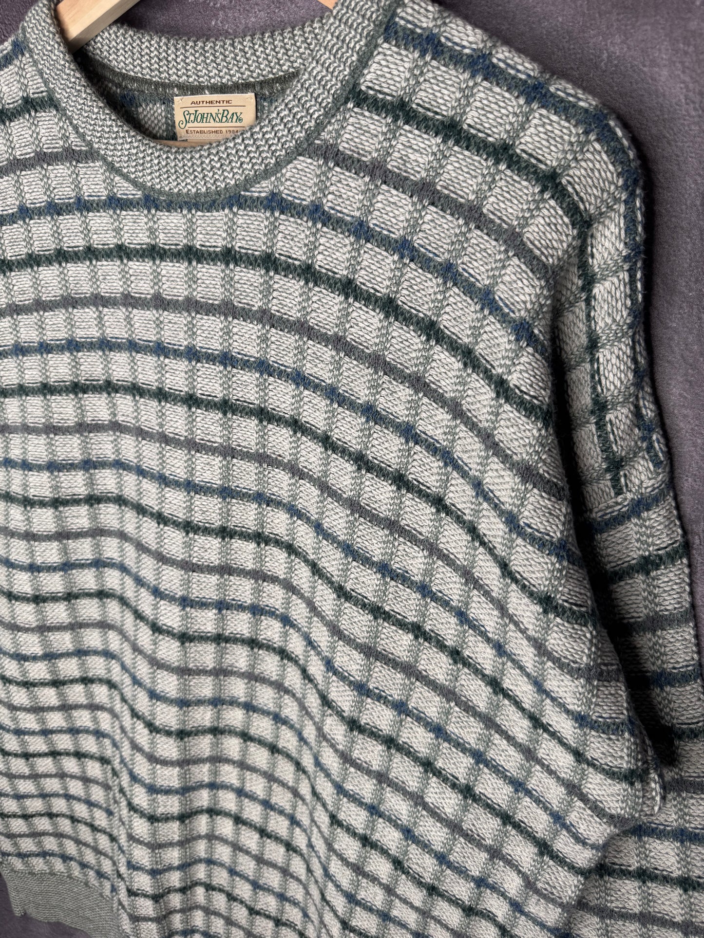 Y2K St John's Bay Green Blue White Knit Sweatshirt XL