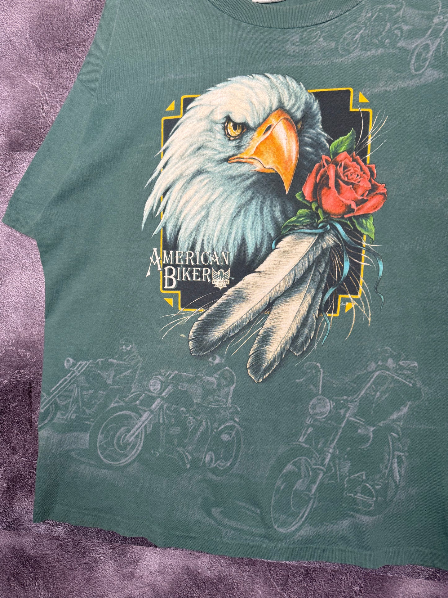 90’s American Biker Houston,Tx Eagle Motorcycle AOP Tee XL