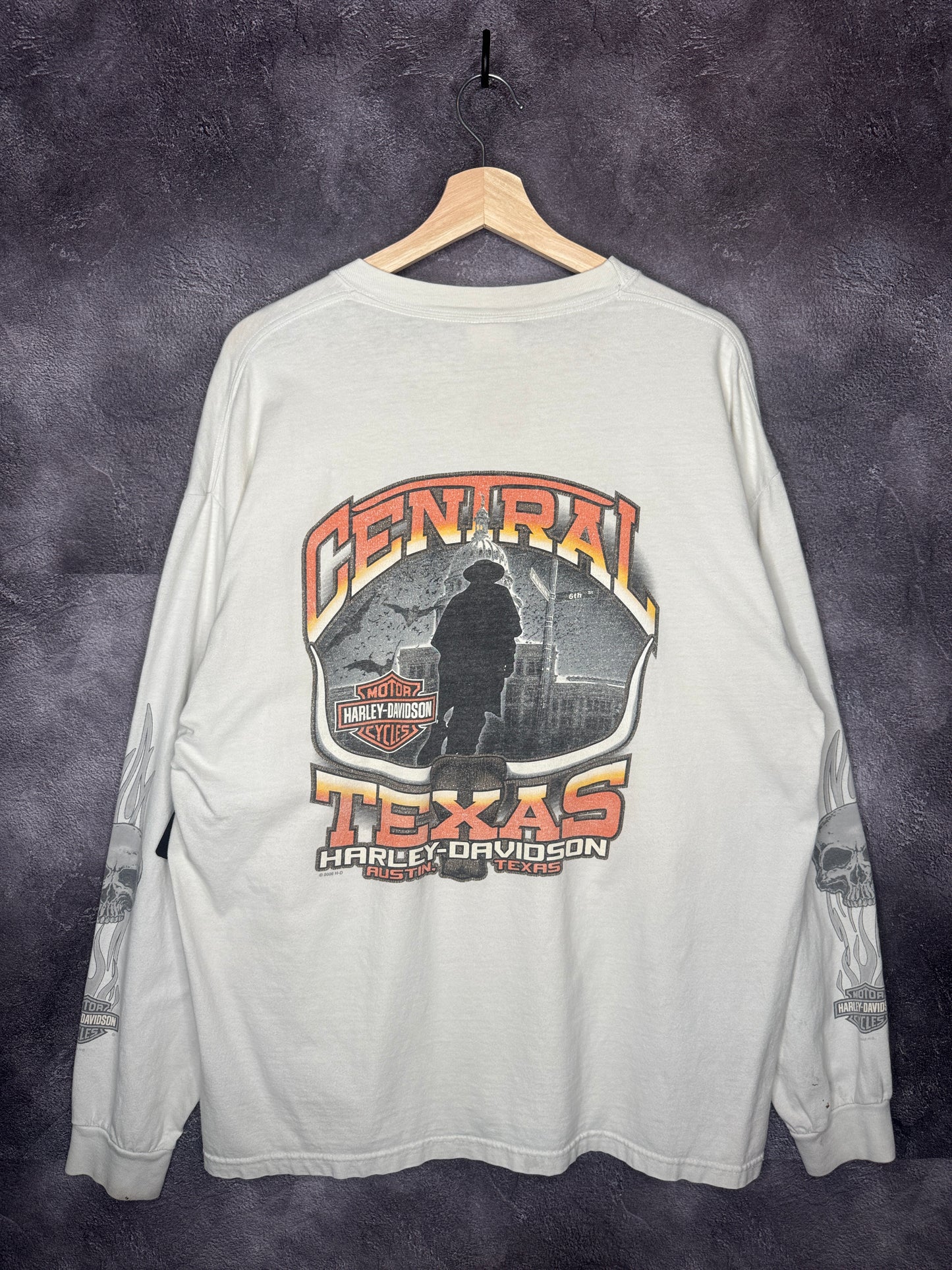 Y2K Harley Davidson Skull Flame Longsleeve Hits Texas Tee XL