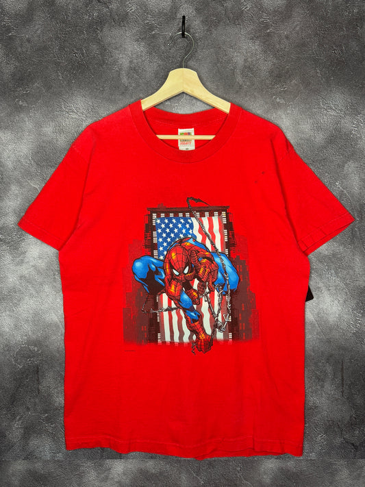 2001 Spiderman Superhero Marvel USA Flag Tee L