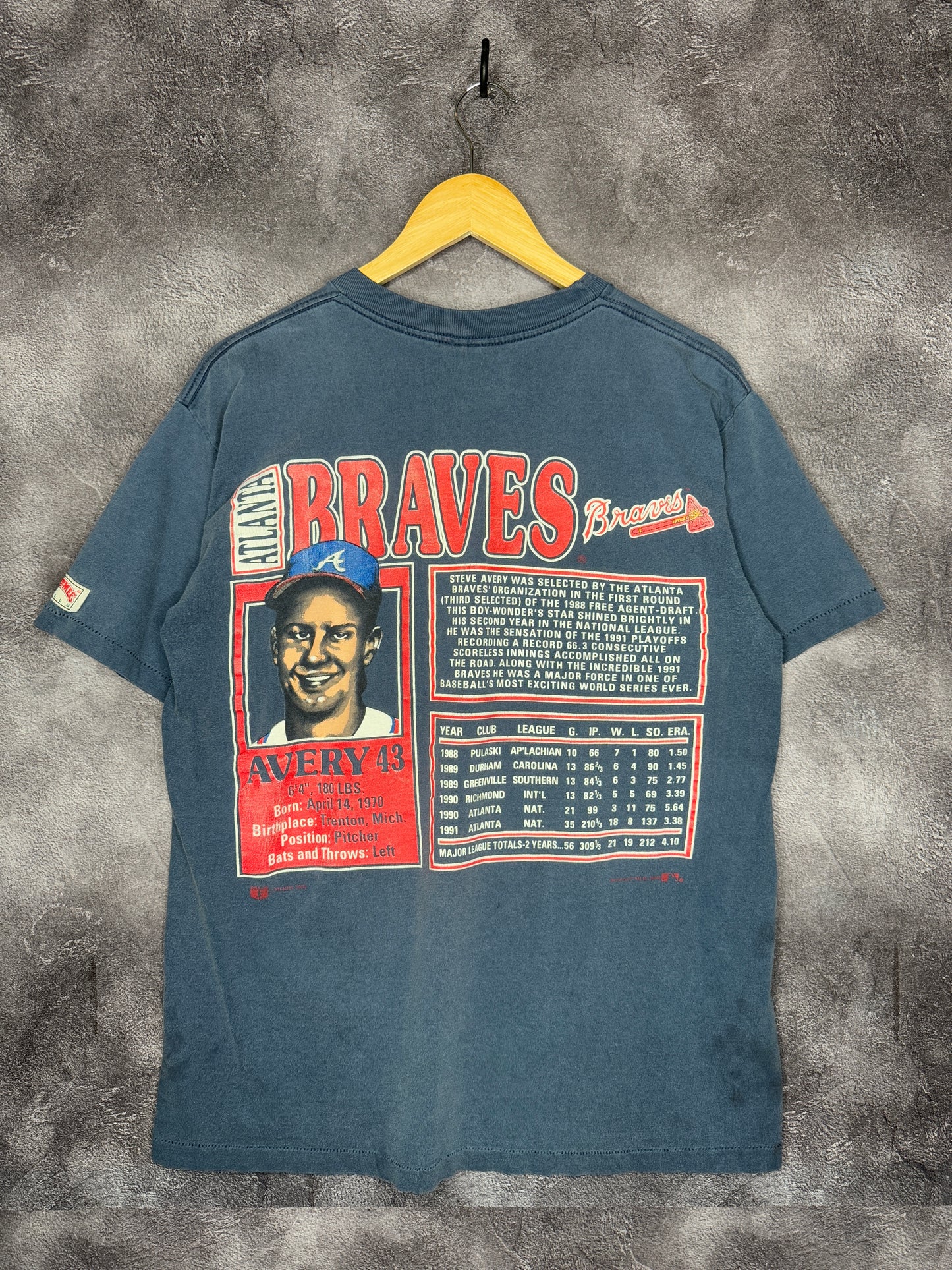 1992 Steve Avery Atlanta Braves Nutmeg Stats Tee L