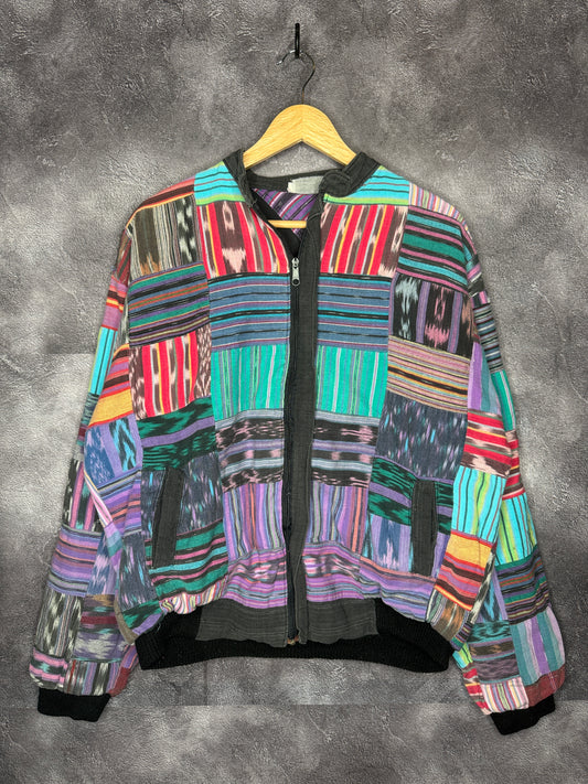 90s Colorful Line Patterns Art Zip Up Jacket L