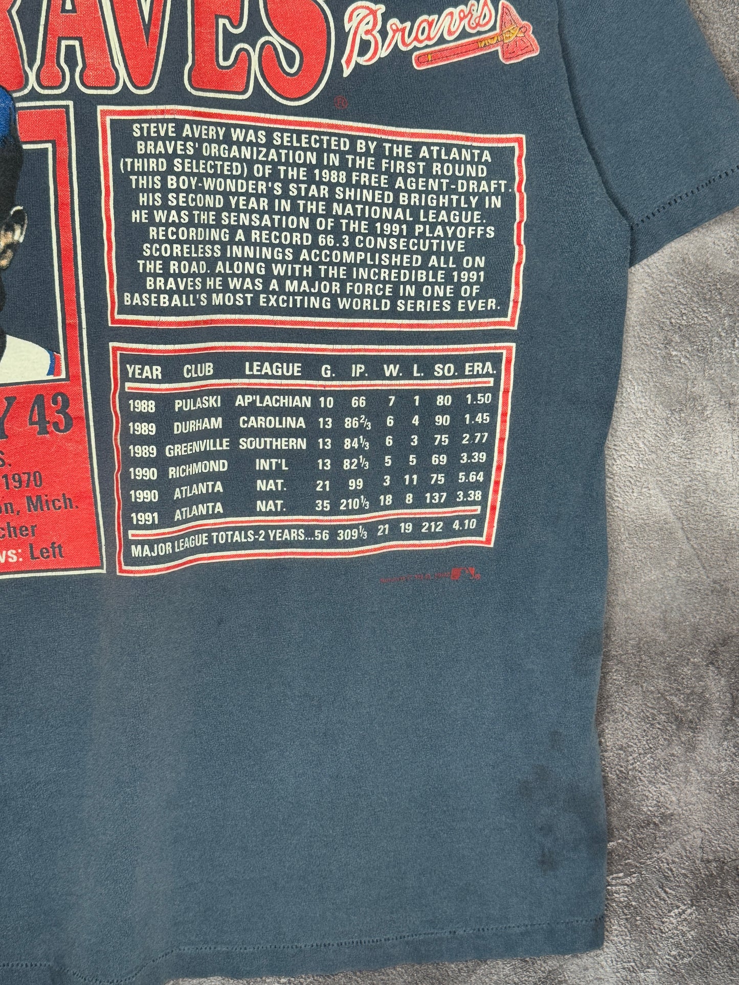 1992 Steve Avery Atlanta Braves Nutmeg Stats Tee L