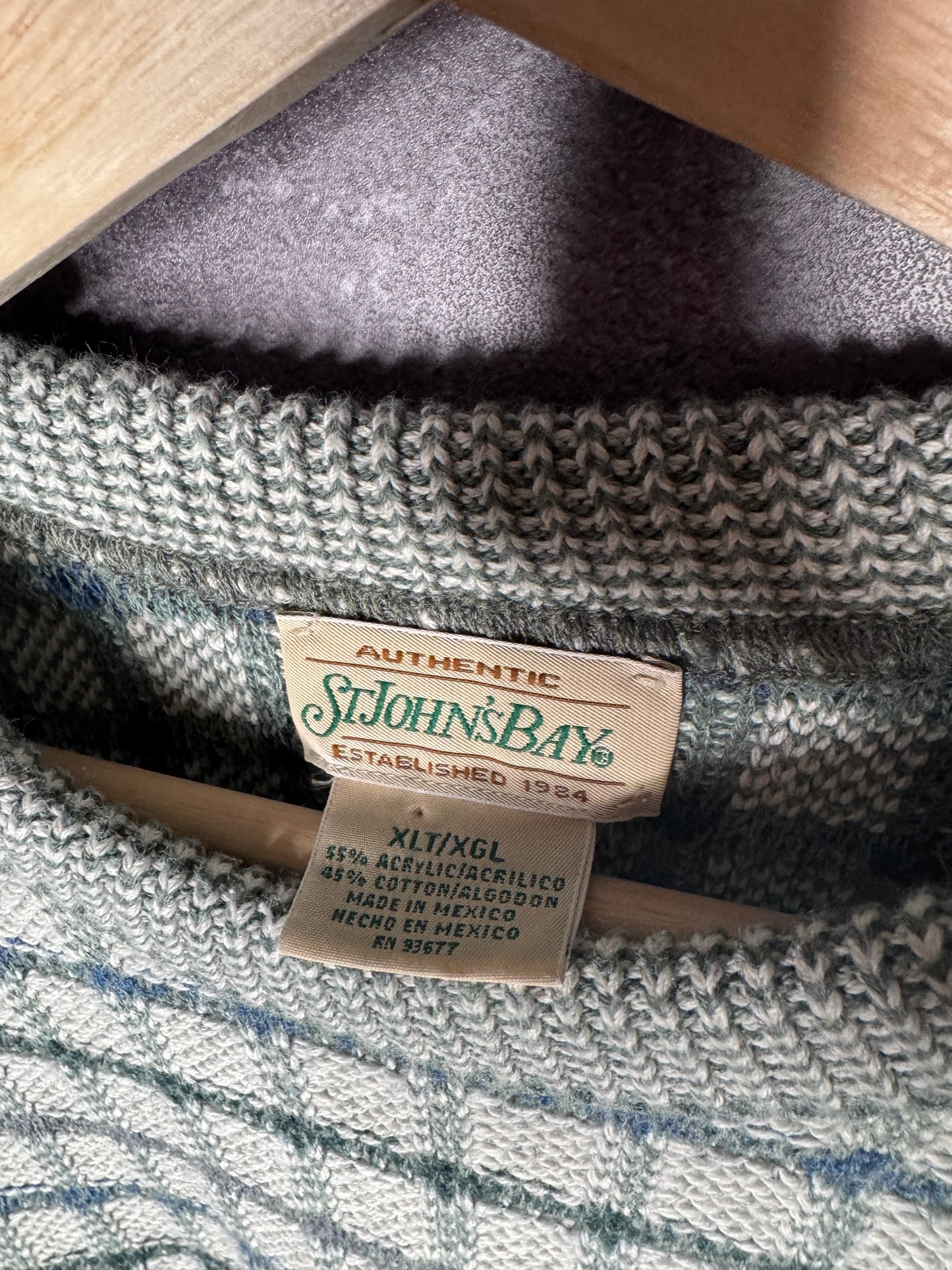 Y2K St John's Bay Green Blue White Knit Sweatshirt XL