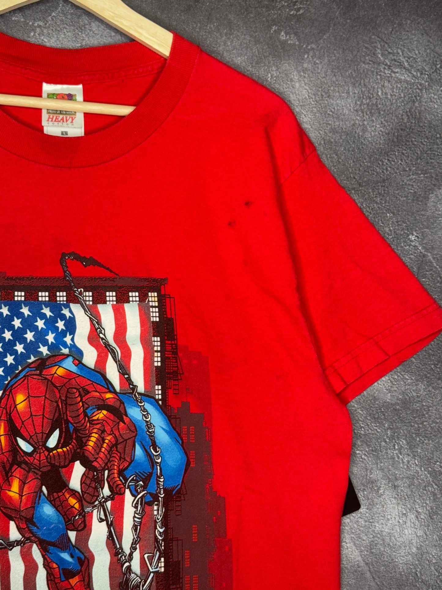2001 Spiderman Superhero Marvel USA Flag Tee L