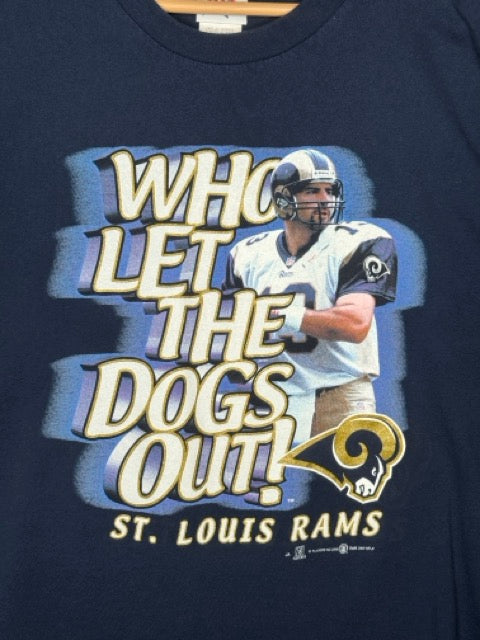 2000 St. Louis Rams NFL Kurt Warner Who Let The Dogs Out Tee L
